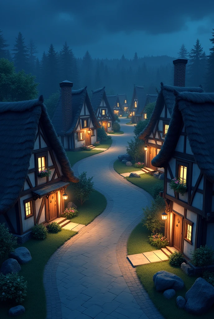 I want a night village image in village there is a road is available between the all boths side of house