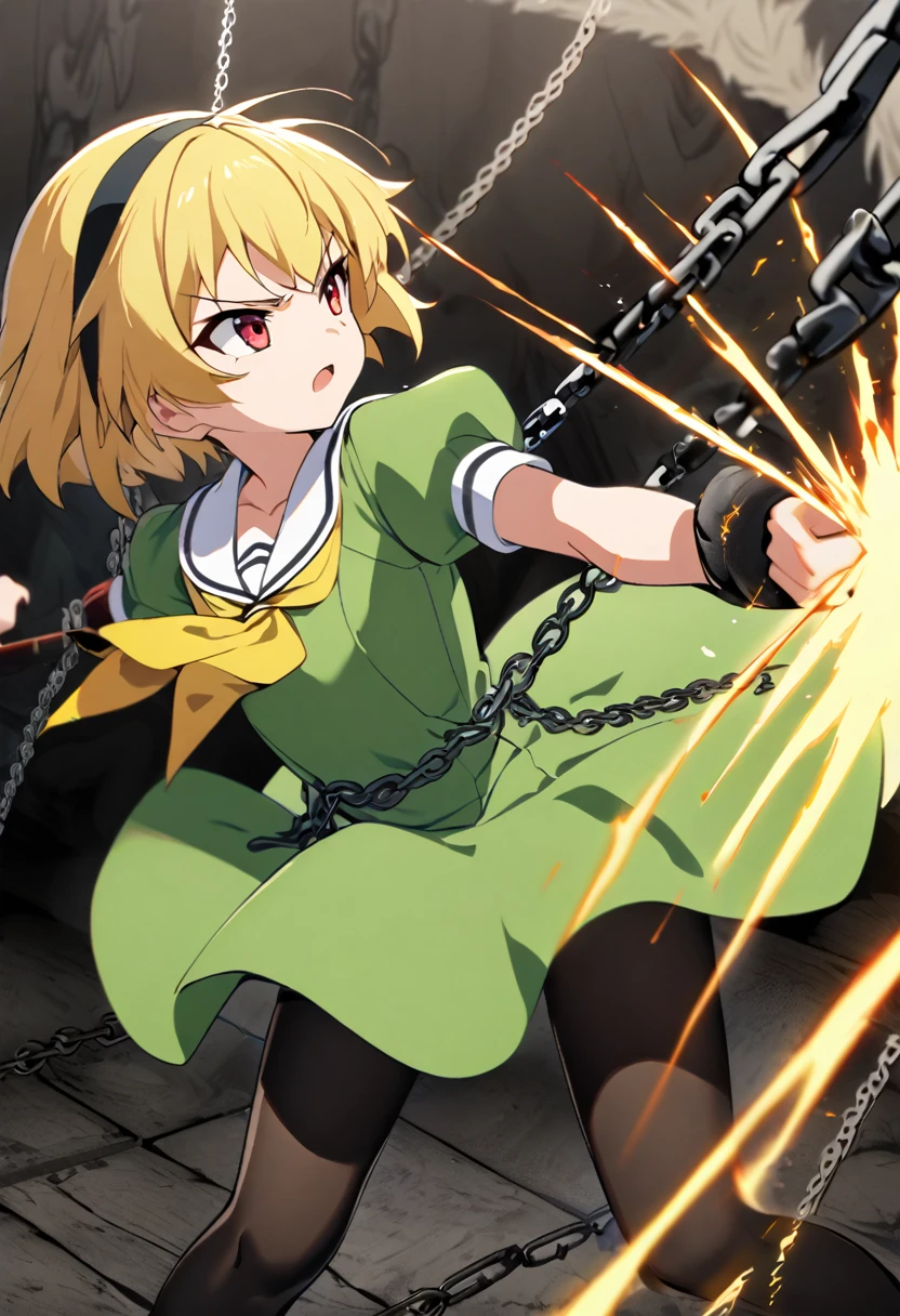 ((chain)), ((chain Focus)), (Weapon), houjou_Satoko, 1girl, 独奏, blonde,short hair,hair band,Red eyes,Green Dress,White sailor collar,Yellow neckerchief,Short sleeve,Puff sleeves,Black Pantyhose,Flat Chest, Deathblow, Swinging a chain