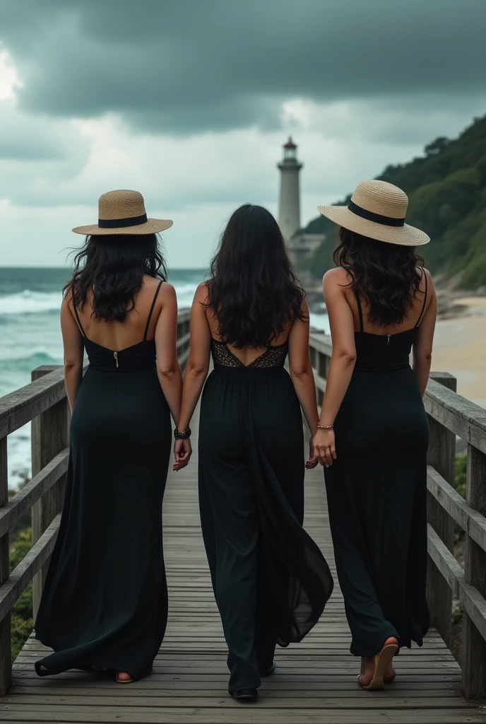 cinematic a 3 curvy asian woman with wavy black hair, wearing a beach hat, wearing a long black dress walking on a wooden bridge, looking at the beautiful beach and lighthouse, dark clouds