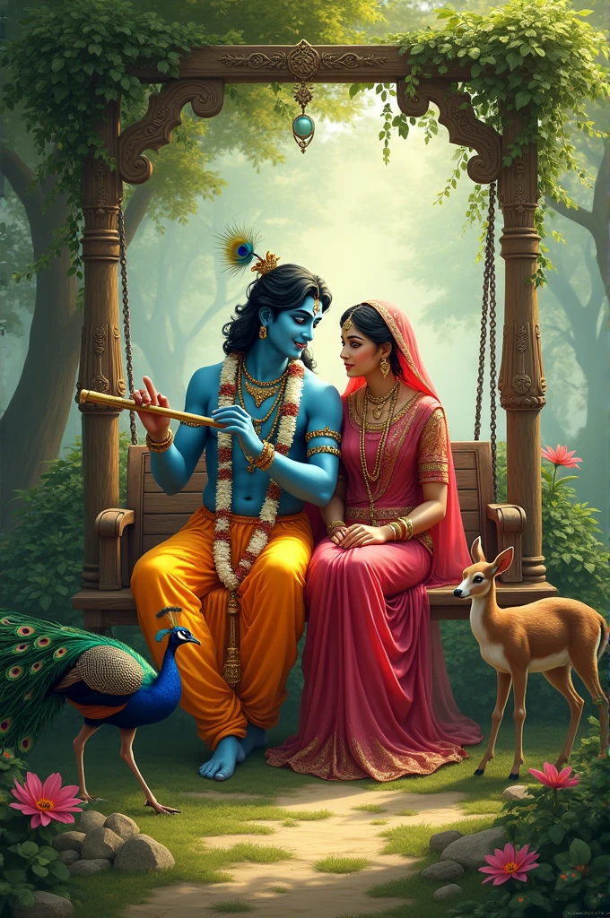 Hindu god Krishna and Radha seating on a swing in a beautiful greenery with beautiful animal like peacock and dear etc and Krishna flute a music with his beautiful instrument