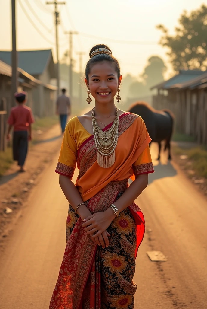 Portrait of a beautiful Thai woman wearing Isaan Thai clothing. Standing on the road in the morning sun shining in the barren countryside. Looking happily and smiling at the camera, with a wooden fence, smoke, buffalo, children, old people on the side of the road in the background.