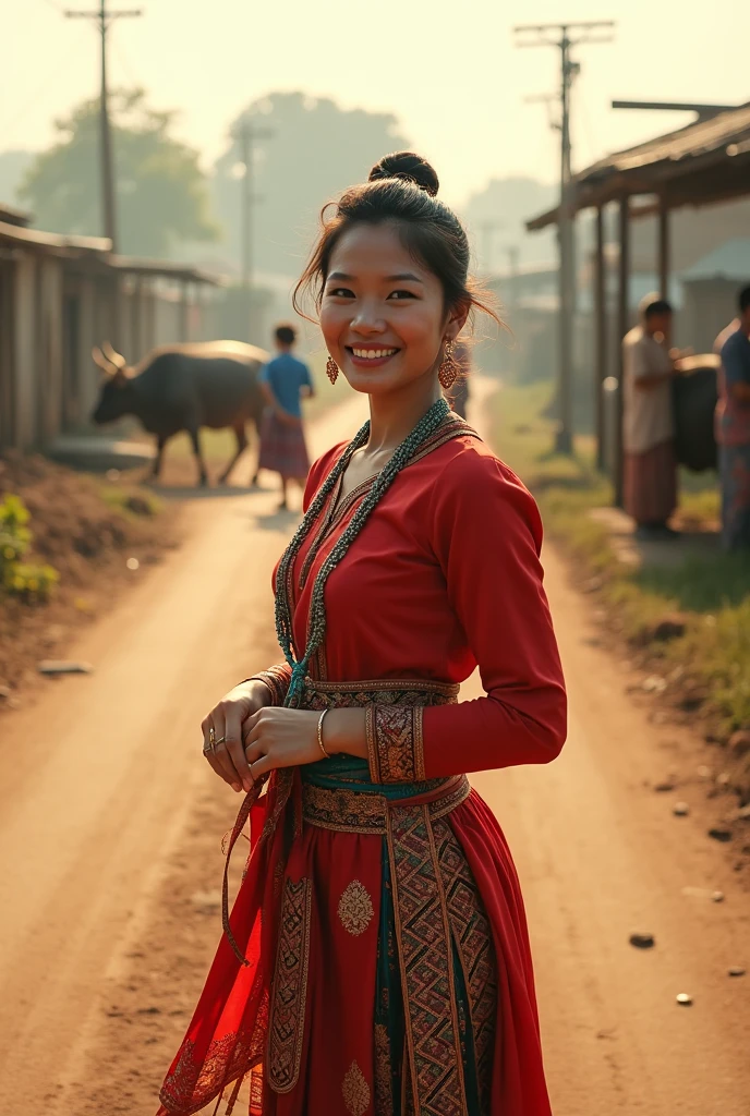 Portrait of a beautiful Thai woman wearing Isaan Thai clothing. Standing on the road in the morning sun shining in the barren countryside. Looking happily and smiling at the camera, with a wooden fence, smoke, buffalo, children, old people on the side of the road in the background.