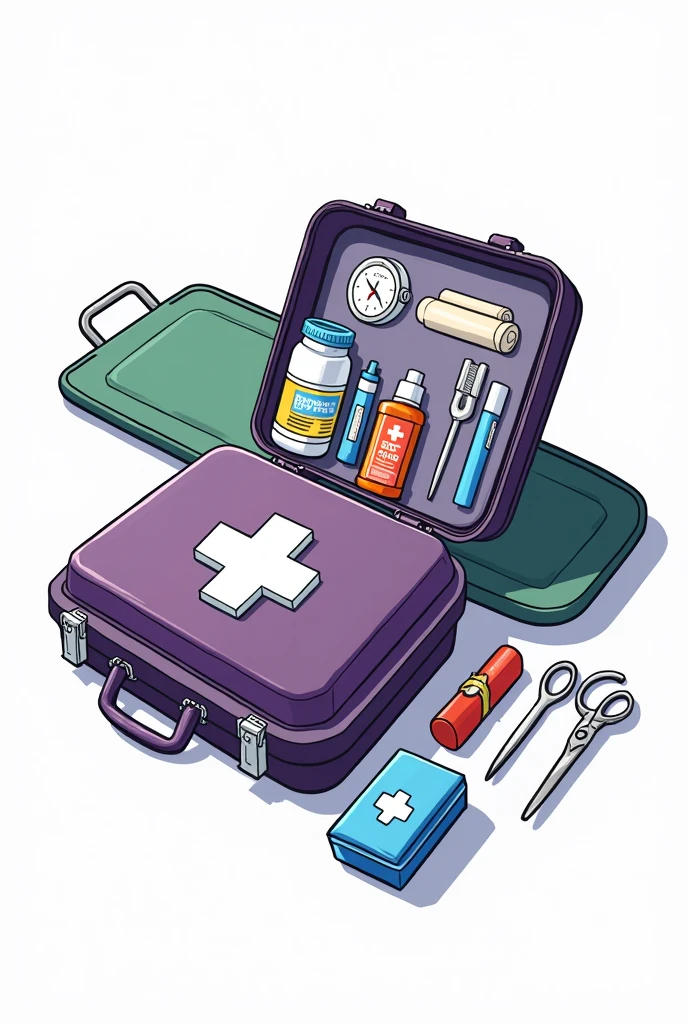  detailed illustration of a first aid kit on a white background. The kit is a dark purple case with a handle and metal clasps.. On the front of the case, there is a big white cross symbol, indicating that it is a first aid kit.
Inside the suitcase, various medical items are visible and organized. We can see a thermometer, Medicine Bottles, a pair of scissors, rolled bandages, a small blue box (probably containing dressings), and other common items in emergency kits, as sprays or ointments.
Next to the suitcase, there is a green stretcher, whose color blends harmoniously with the rest of the composition. The stretcher is simple, with a functional design, ready to be used in medical emergencies.
The illustration is stylized and features bright colors., with shading and brightness that give a three-dimensional feel to objects. The art has a cartoon style, making it visually appealing and clear, ideal for simple visual instructions on the contents of a first aid kit and the use of basic medical equipment such as a stretcher.