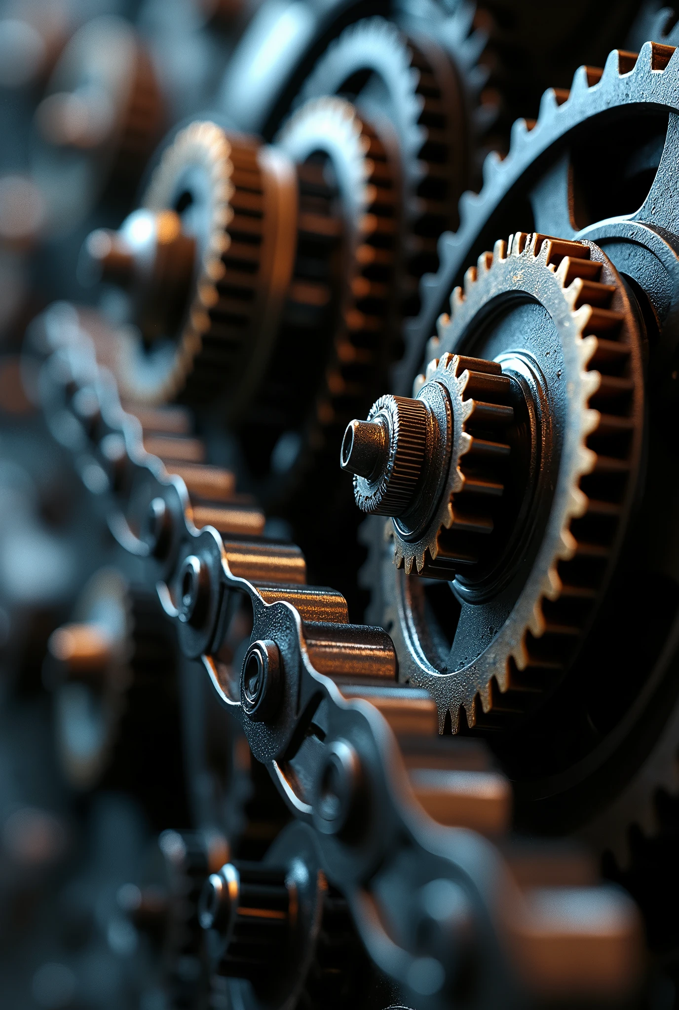 So many beautiful gears and beautiful timing chains, close-up shots of the timing chains, dynamic camera work, inside of an chain gun, beautiful metallic light reflections, focus on the timing chains, black machine oil reflecting the lights