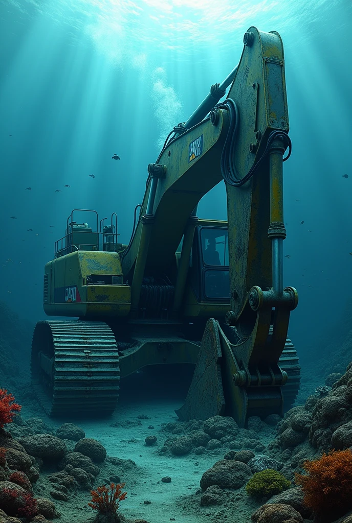 a massive front loader caterpillar 980 k, underwater scene from the black sea, detailed industrial machinery, underwater environment, coral reefs, schools of fish, dark blue color palette, dramatic lighting, cinematic composition, photorealistic, 8k, best quality, masterpiece