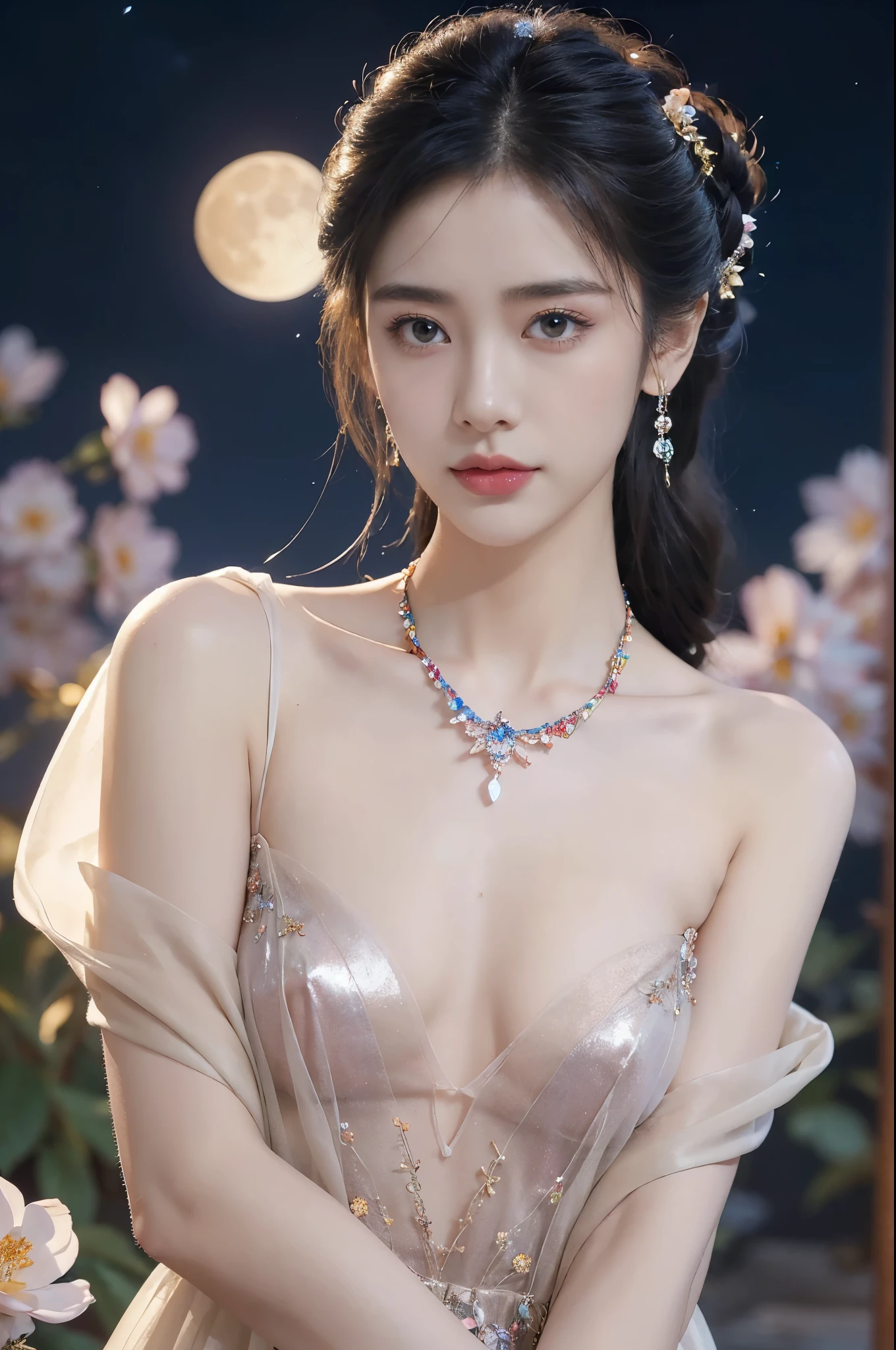 (((best quality))),(((ultra detailed))),(((masterpiece))),illustration,((1 beautiful girl,solo)),(neat chignon:1.2),((earrings,crystal necklace)),((slim,thin)),((small breasts,flat chest)),(stockings:1.3),(a moon in the clear night sky as the background:1.3), gentle glow,(Standing in the world full of vibrant flowers:1.3),(gorgeous sheer hanfu:1.3),sparkling eyes,graceful,(surrounded by colorful flowers:1.5), kaleidoscope, shimmer,bright moonlight, delicate petals, fragrance, otherworldly, magical realm, enchantment, tranquility, essence of beauty, peace,(outdoor:1.),(night scene:1.3),((from front,upper body))