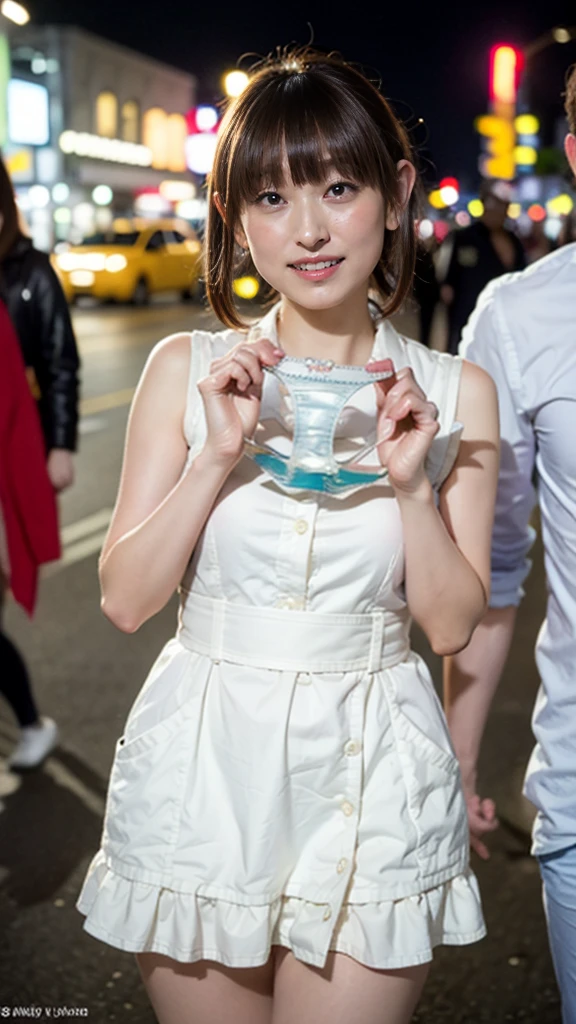 Highest quality, masterpiece, Ultra-high resolution, (reality: 1.4), Original photo, 1 female, mature, smile, short hair, Plump body, , Cinema Lighting, Exact finger count、Exact number of legs、(Exact number of arms:1.0, Exact number of hands:1.0), (Perfect hands, Perfect Anatomy), Cinematic, reality的, Extremely detailed CG, night lighting, Perfect lighting, Best Shadow, The best natural light, smile, Big Breasts,Chest pocket,((Woman showing off her panties:1.3)), , (Sexy and cute panties), (Stylish shiny panties:1.2), Side tie panties, Lace panties:1, Feeling embarrassed, (blush:1.2), (Embarrassed expression:1.4), (On the streets of the entertainment district at night:1.3), Angle from the front