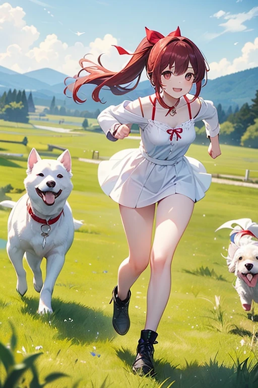 (((1 female))),BREAK(((One white dog))),((Running side by side)),white sundress,mini skirt,Black Hair,Long Hair、Long Ponytail、Red hair ribbon,smile,grassland,Female Focus