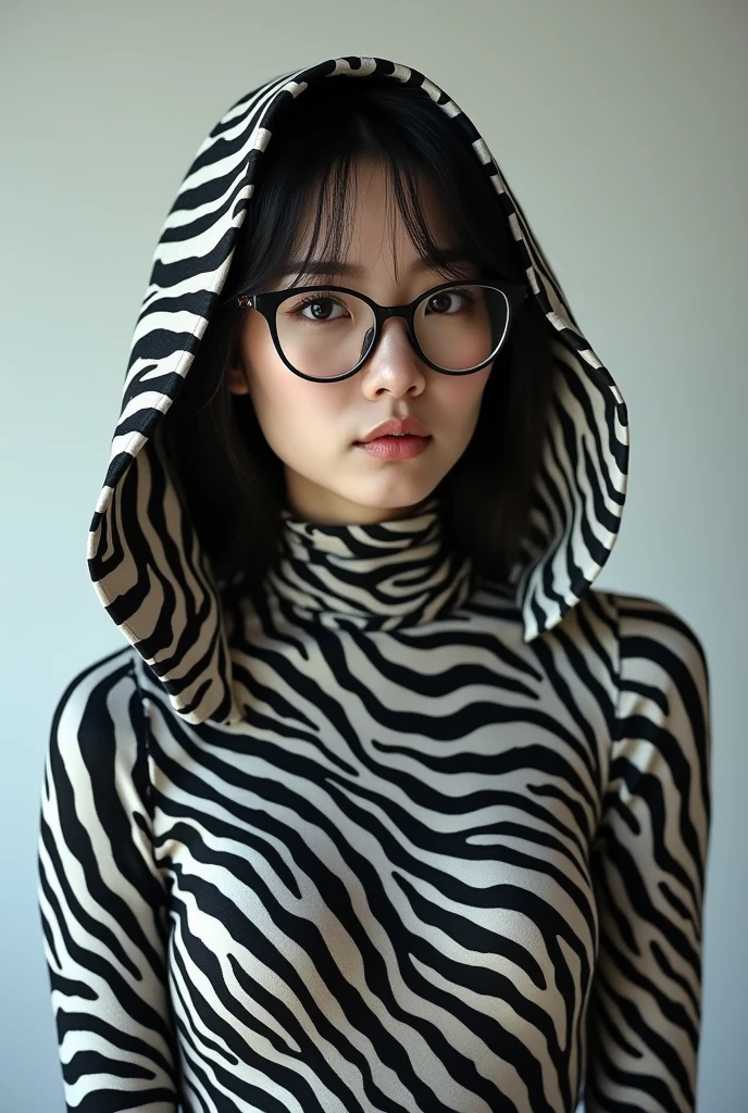 a most beautiful Chinese woman named Tiaw Li Yin with a pair of glasses wears zebra print turtleneck unitard catsuit.She always wear zebra print dancewear hood-like hijab overed with stripes.