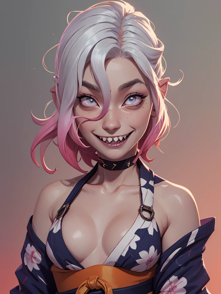 one white girl, briar, briar of league of legends, solo, abs, slender body, (upper body, bust:1.2), pale eyes, white hair, choker, (sharp teeth, pale skin, grey skin:1.3), (yukata, japanese clothes, tiny breasts, small breasts, male chest, cleavage:1.5), bare shoulders, belts, shoulder-belts, masterpiece, highly detailed, look at viewer, expressing joy, shiny blured orange background, gradient sprayed background, smile, happy face, naughty grin, front view, gradient red purple background, blured background, glowing edges of image