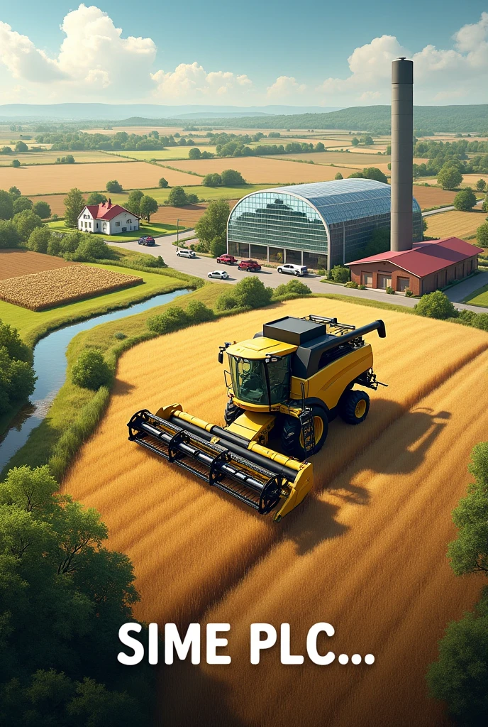 write boldly "Sime PLC..." at the bottom, combine harvester on a huge farm land, a tall building on a far behind, cars and A Home close to the land ,different kind of farm products on th land, a shade made of glass on the land,a river on the side