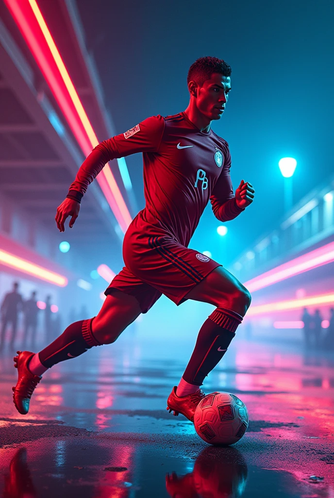 Design a vibrant YouTube thumbnail with Cristiano Ronaldo in action, bold text saying and a dynamic background.with background name is cyber karan
And image size is 1280 x 720 pixels.