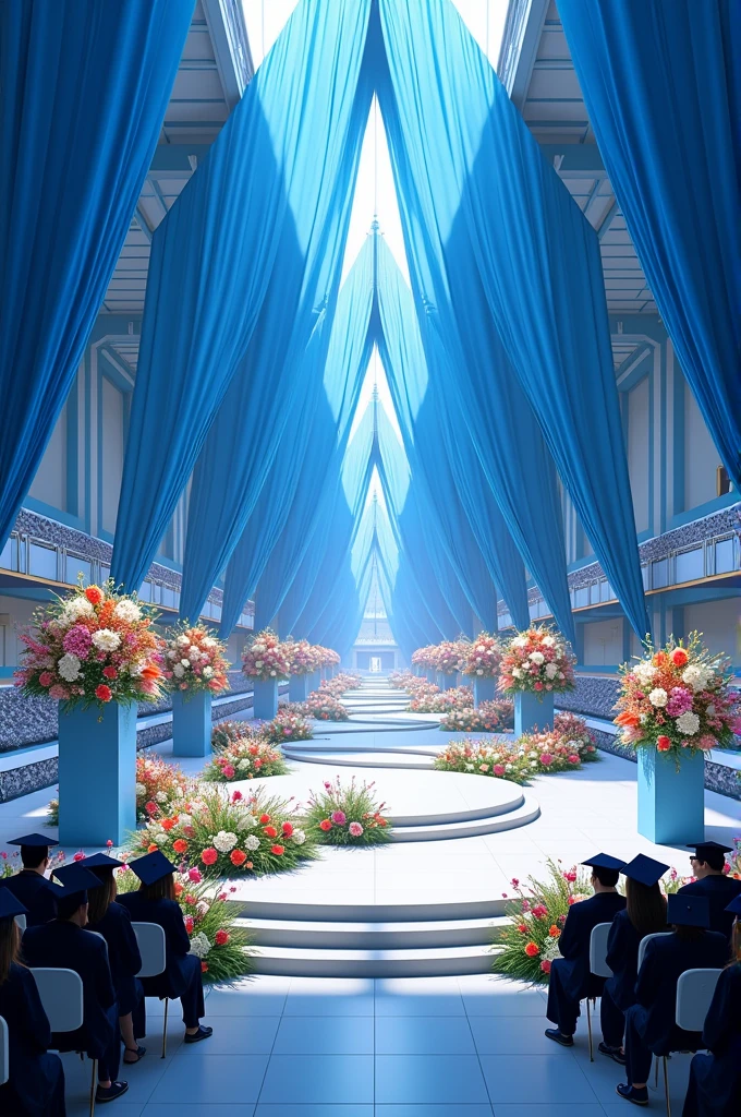 Create a background for the collation with blue fabrics, pedestals with flowers, a path arrangement with flowers, students with caps in the stands