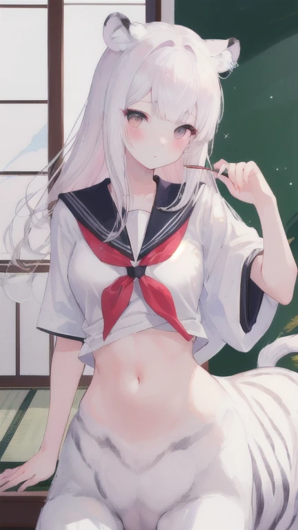 (best quality, masterpiece), 1 girl, centaur, I beg, White skin, Japanese schoolgirl,daughter,black pink, exposing the abdomen, belly button t-shirt , beautiful girl perfect, White tiger photo, 완벽한 White tiger photo