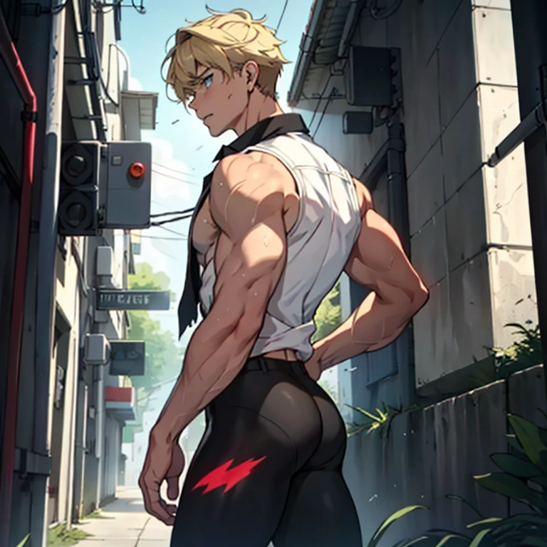 Highest quality,masterpiece　Surprised expression,Raised to be sexy, 　Blonde　Blue eyes　Ripped black tights　Electricity is running　get wet　large delicate eyes　The black sleeveless collared shirt was torn　上半身naked　sweating　youth　torture　Skin is visible in places　shout　Putting pressure on the hips　naked　Hair growing upwards　suffer　Detailed depiction　A regretful look　I can see your muscular ass　Rear view　I can see the back of the person behind me.　With legs apart　Long bangs