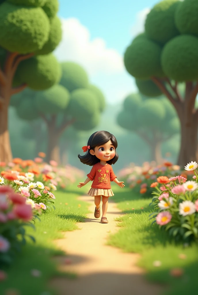 a girl is at a park of garden 3d animation