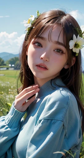 Highest quality, 超High resolution, (Realistic:1.4), masterpiece, High resolution, original, Highly detailed wallpaper, 
grass, null, 
One person, alone, Vicks \(Manaka-Kare\), Blue clothes, 
Putting your hand on someone else&#39;s face,  Shen