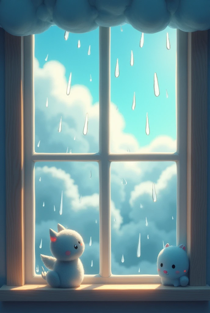 Raindrops dance upon the pane,
A pitter-patter, soft refrain.
Clouds above, a fluffy gray,
A perfect day to stay and play. : animated