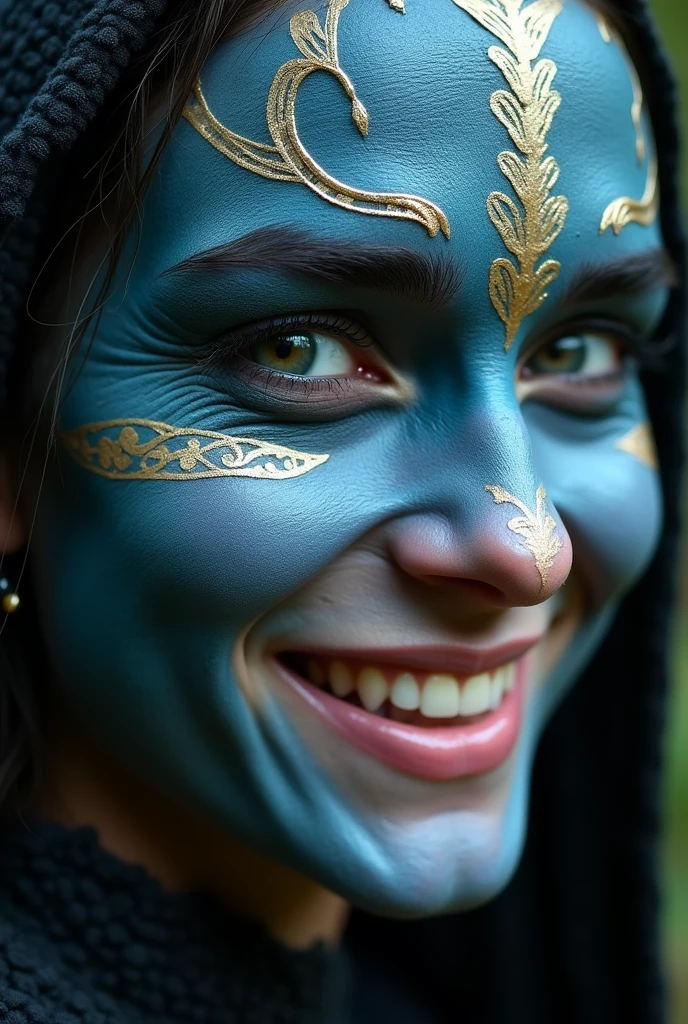 A close-up of a person with their face painted like a dragon, elf character with smile, eleven, elevenling, mujer mitad eleven, dark elf, a middle aged elf, Cattie - Brie de Mithril Hall, half orc mujer mitad eleven, blue skin elf, house telvanni, doncella eleven oscura, portrait of a eleven warlock