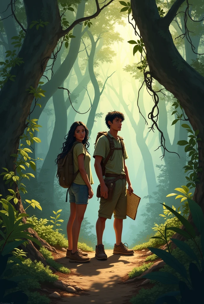"Two adventurous friends, Nandini and Rajesh, standing at the edge of a dense, dark forest, with an old map in hand, looking determined."