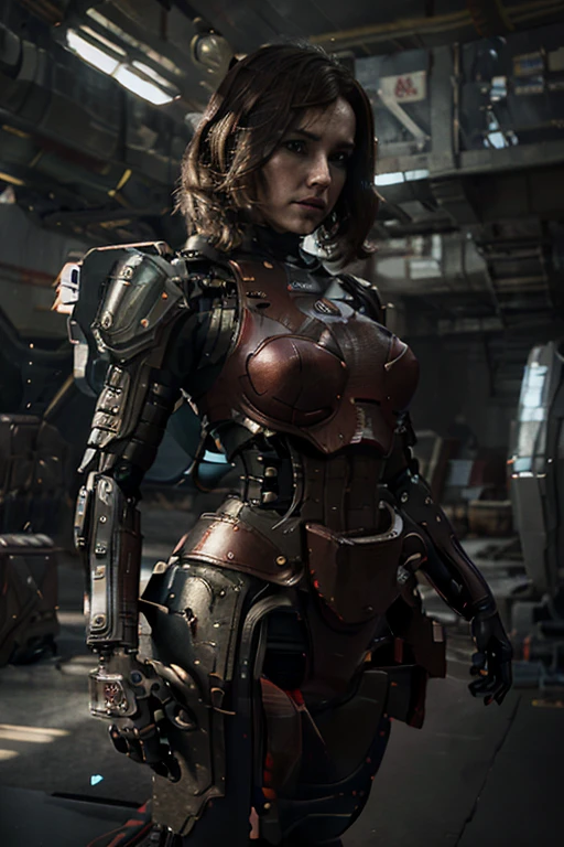 a chubby woman, android, battle machine, pale human face, short dark brown hair, full body, standing, robotic body, (best quality, 4k, 8k, high resolution, masterpiece: 1.2), ultra-detailed, (realistic , photorealistic, photorealistic: 1.37), highly detailed face, intricate mechanical details, advanced robotics, dynamic pose, cinematic lighting, dark and moody atmosphere, science fiction, cyberpunk, red armor