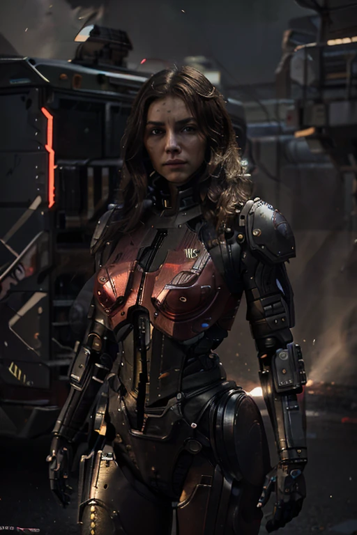 a chubby woman, android, battle machine, pale human face, short dark brown hair, full body, standing, robotic body, (best quality, 4k, 8k, high resolution, masterpiece: 1.2), ultra-detailed, (realistic , photorealistic, photorealistic: 1.37), highly detailed face, intricate mechanical details, advanced robotics, dynamic pose, cinematic lighting, dark and moody atmosphere, science fiction, cyberpunk, red armor