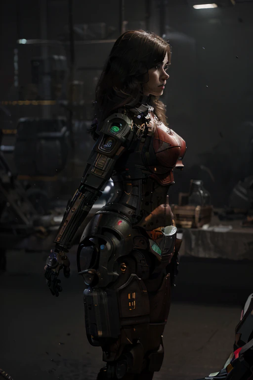 a chubby woman, android, battle machine, pale human face, short dark brown hair, full body, standing, robotic body, (best quality, 4k, 8k, high resolution, masterpiece: 1.2), ultra-detailed, (realistic , photorealistic, photorealistic: 1.37), highly detailed face, intricate mechanical details, advanced robotics, dynamic pose, cinematic lighting, dark and moody atmosphere, science fiction, cyberpunk, red armor