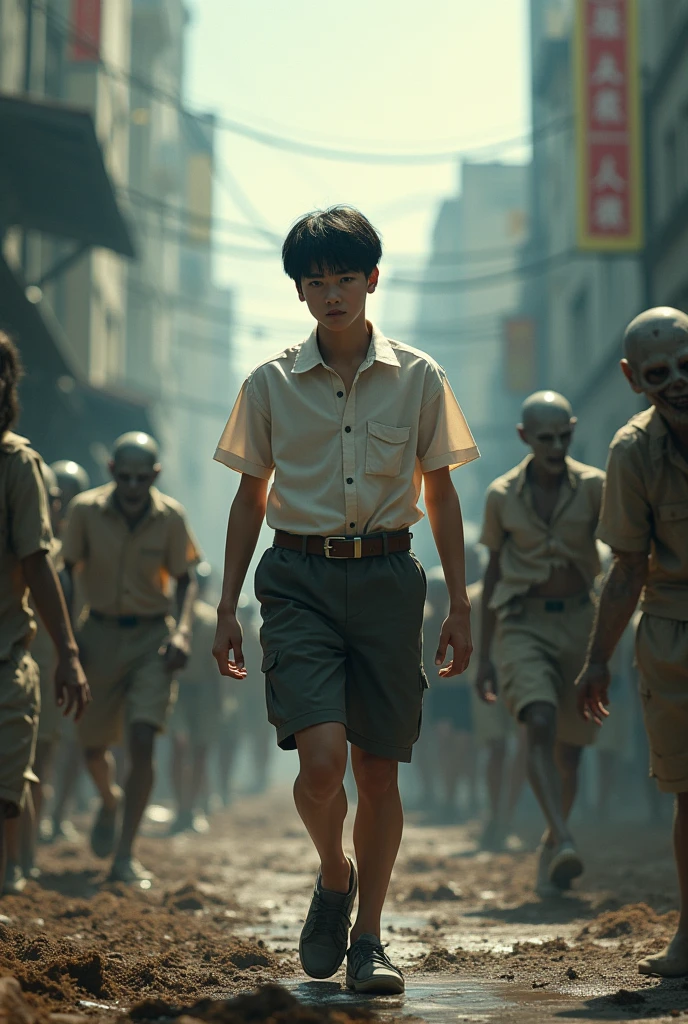 One survivor wearing a male school uniform and khaki shorts from the zombie apocalypse in Thailand, while trying to escape the zombies.
