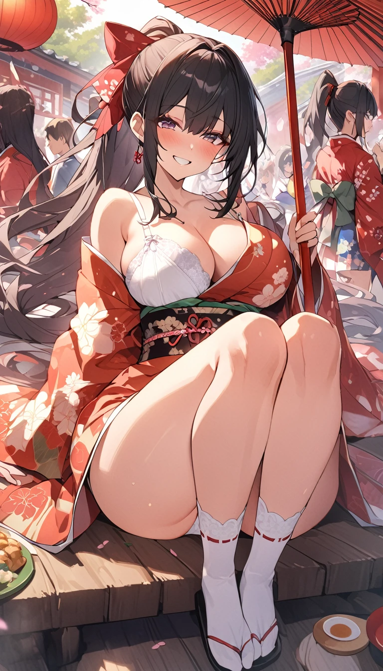 One Woman、beautiful girl、evening、kimono、Beautiful patterned kimono、ponytail、Waraji、School、Back of the school building、spring、cherry blossoms々、はためくcherry blossomsの花びら、Long Hair、Highest quality、Ultra HD、Black Hair、smile、8 heads、White tabi socks、Japanese Umbrella、smile、Cowboy Shot、festival、Many food stalls、Beautiful views、Big Breasts、kimonoがはだけて下着が見える、white lace bra、white lace panties、Lie on your back with your legs spread、Have a、Drunk、Wine Bottle、Spread your legs and seduce