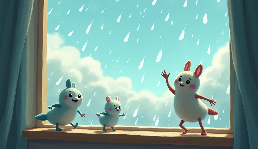 Raindrops dance upon the pane,
A pitter-patter, soft refrain.
Clouds above, a fluffy gray,
A perfect day to stay and play. : animated