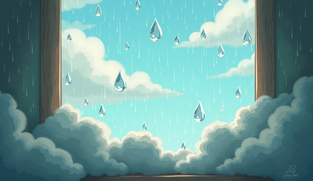 Raindrops dance upon the pane,
A pitter-patter, soft refrain.
Clouds above, a fluffy gray,
A perfect day to stay and play. : animated 
