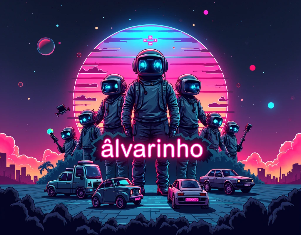 computer wallpaper with gamer themes with retro game characters and the word Álvarinho highlighted
