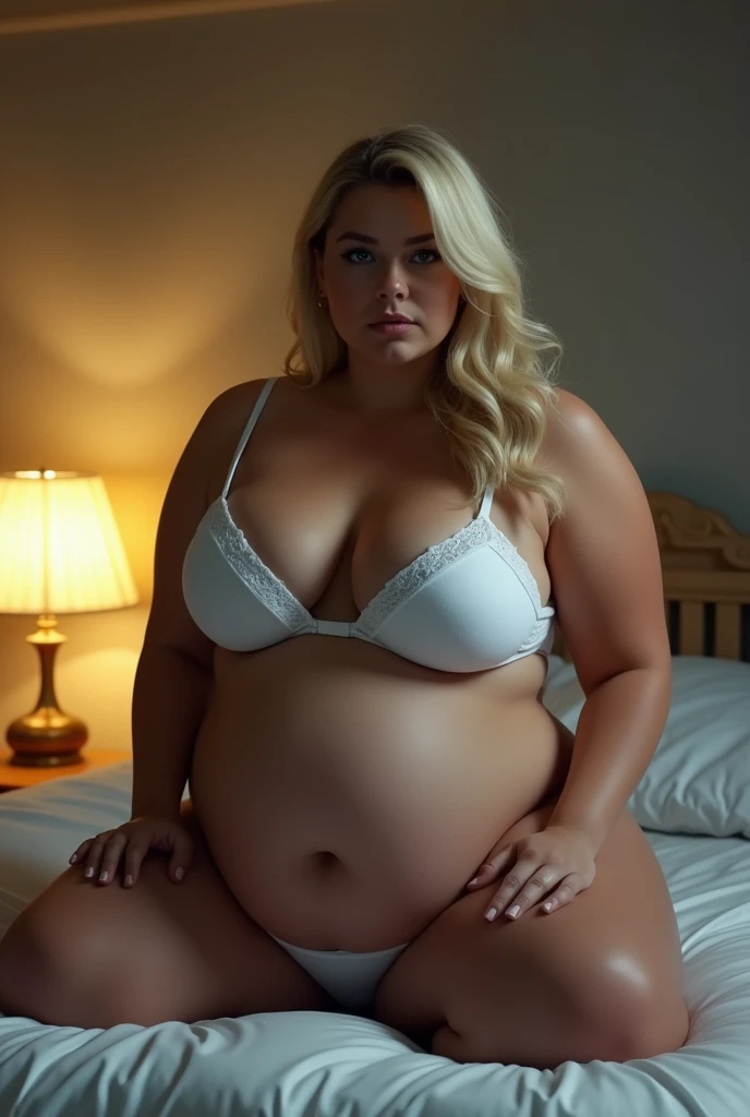 a full (((naked1.4))) blonde woman on the bed, showing full body, front view, (short haired pubes), (((vagina:1.4)))