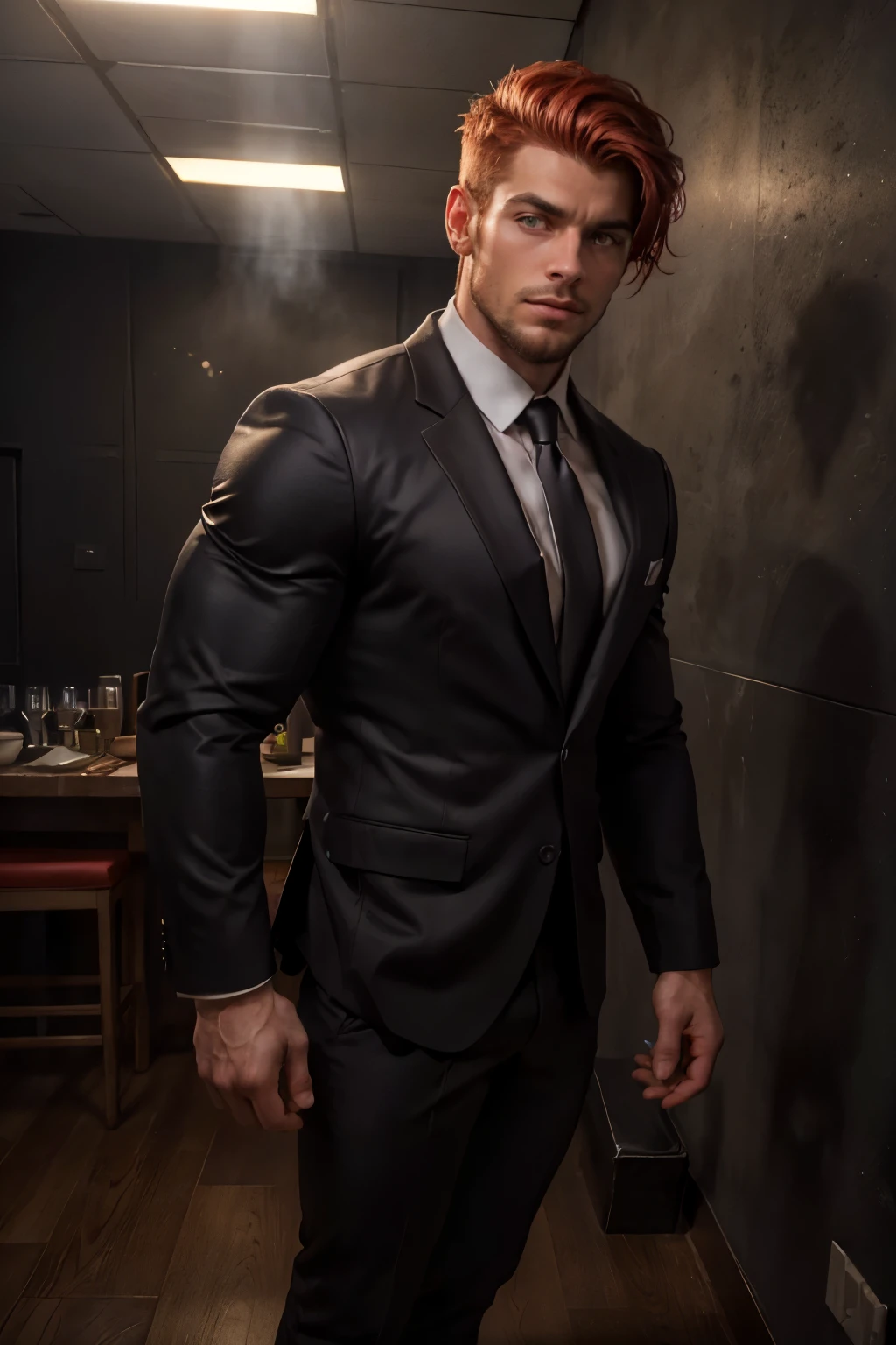 handsome male with red short hair, ((red hair)), (wearing a elegante suit), full body, looking at the viewer. beautiful face, attractive face, model face, male face, detailed eyes, light green eyes, eyes with a halo honey color, dark eyelashes, dark eyelashes, Long eyelashes, small nose, large mouth, square chin, square jaw, perfect beard, muscular body, Tiring from a foreground angle to capture the sensation of texture and vitality, mascle, extremely detailed face, hyper detailed, realistic, photorealistic, 8k, high quality, studio lighting, detailed male body