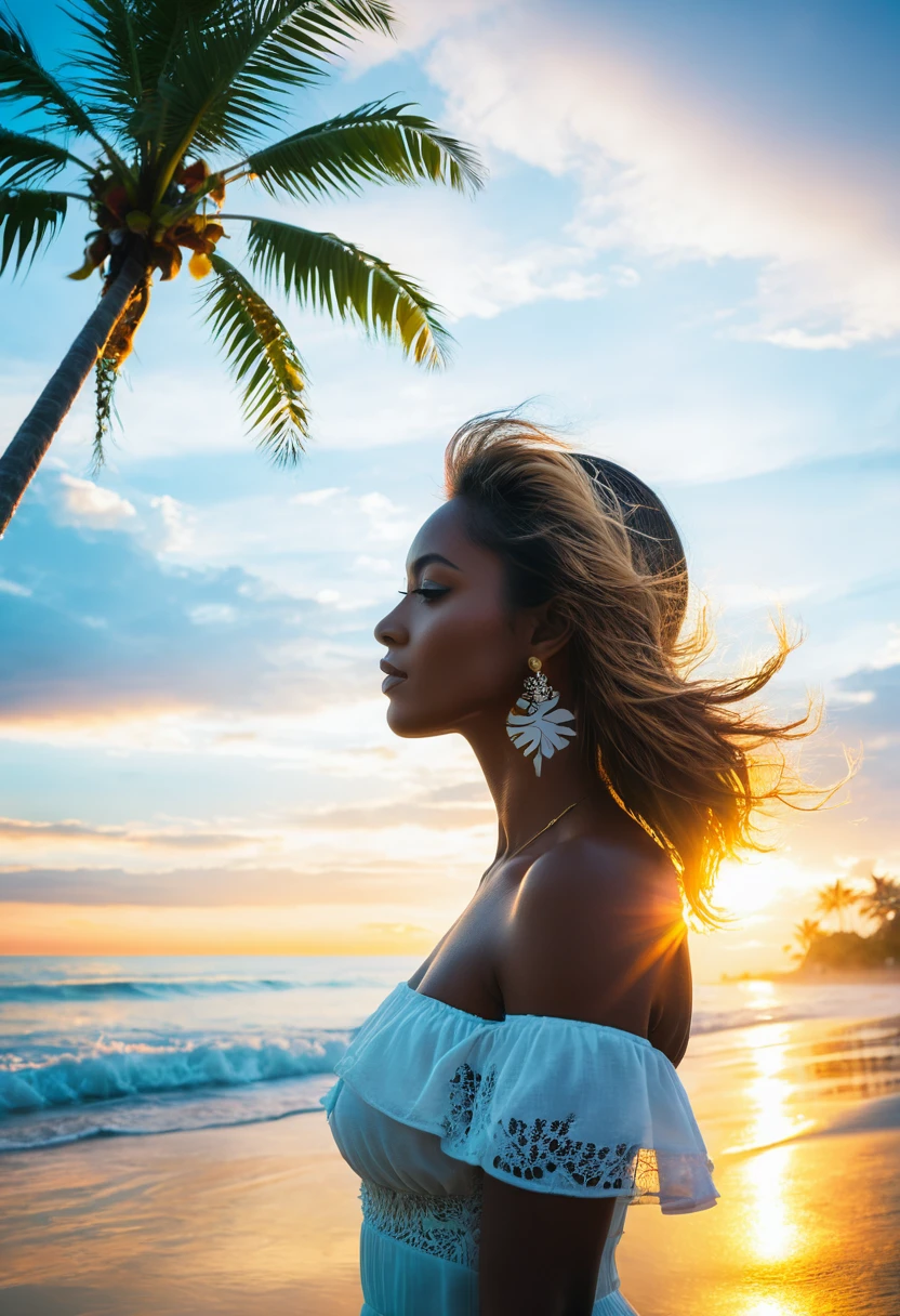 Bright Themes, vivid silhouette, best resolution, bright colors, Beach, clear sky, white cloud, (Double exposure image of sunrise, ocean, Front view of bust of beautiful woman with palm tree),