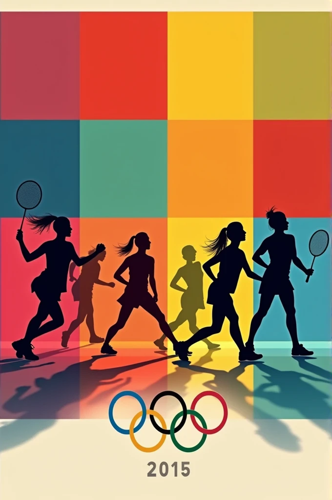 A poster which is divided by 8 horizontal rectangles with 8 different colours of Olympics with a shadow of badminton players all over