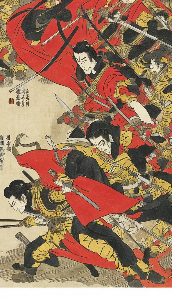 Please depict Nobunaga Oda in a scene where he violently crosses swords with enemy soldiers on the battlefield. This is the moment when Nobunaga is dodging enemy attacks with his quick movements and delivering a sharp sword. His expression is calm and focused, depicting powerful movements with his whole body. In the background, the viewer should be able to see the clamor of battle and flames and feel the enemy soldiers rushing toward him. The color palette should be fire and blood red for maximum expression of movement and tension!
