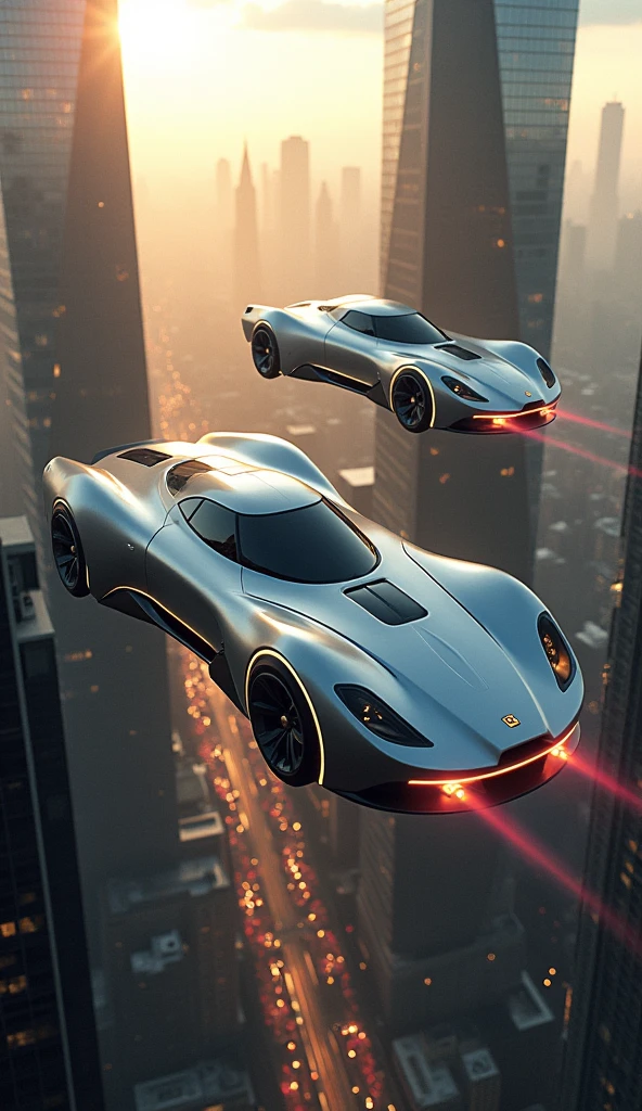 image of 2 cars flying side by side in the sky of a city quality,8k