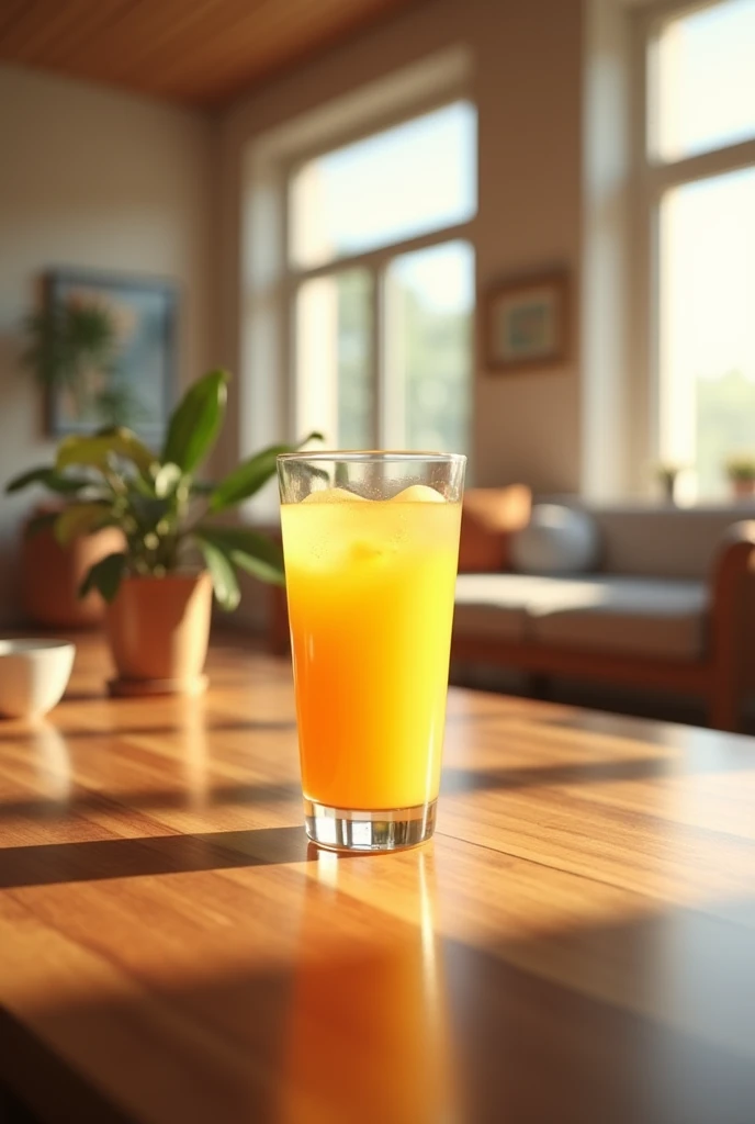 Create a realistic background with a table highlighted with a glass of orange juice, well lit and realistic environment 
