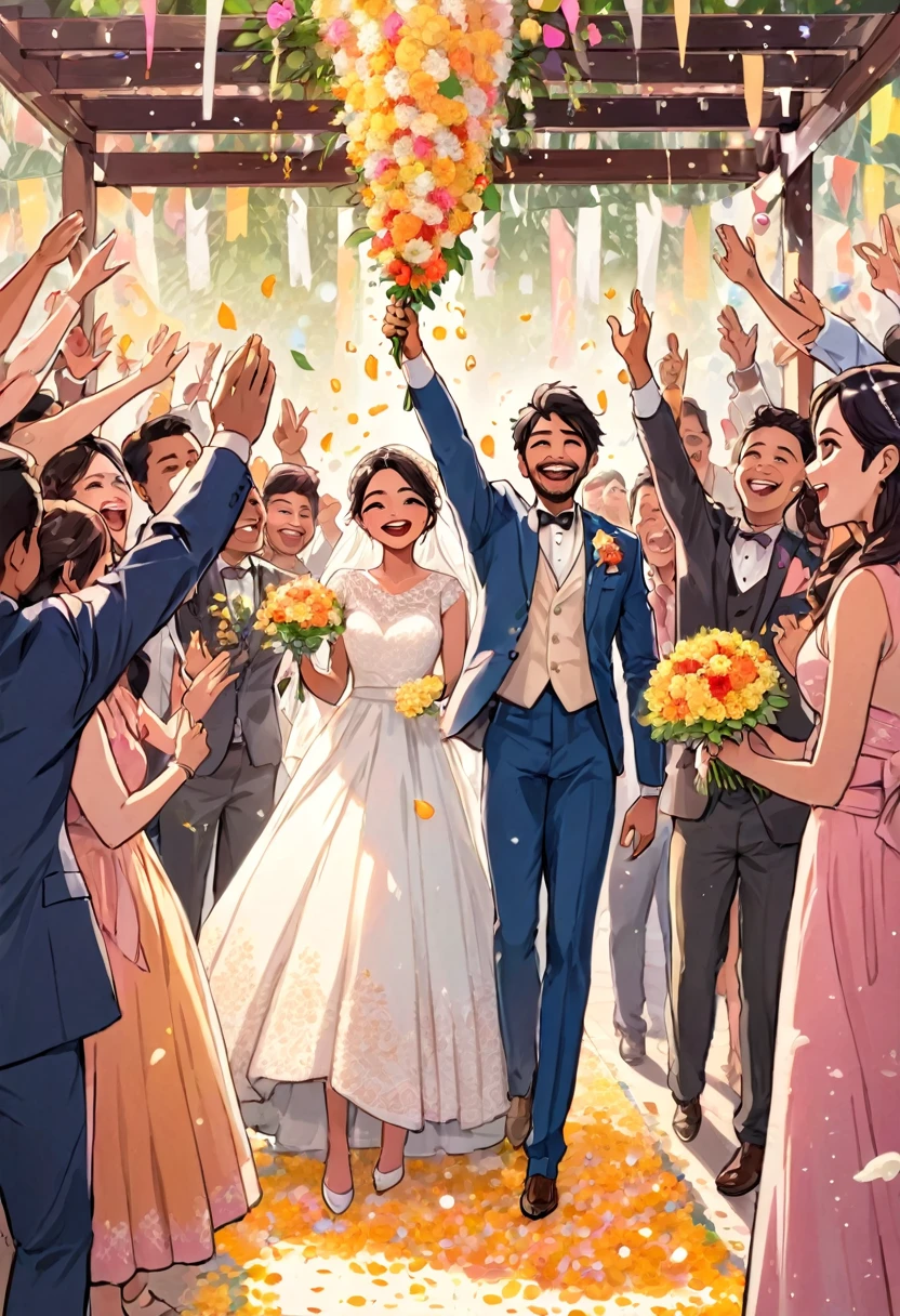 The Indian protagonist is in the position of someone celebrating at a wedding、Pop Comics、Celebrating with a flower shower、About 10 people are celebrating.、All smiles、The groom is cool, stylish and dandy、The bride is pretty、The subjective view of the person celebrating