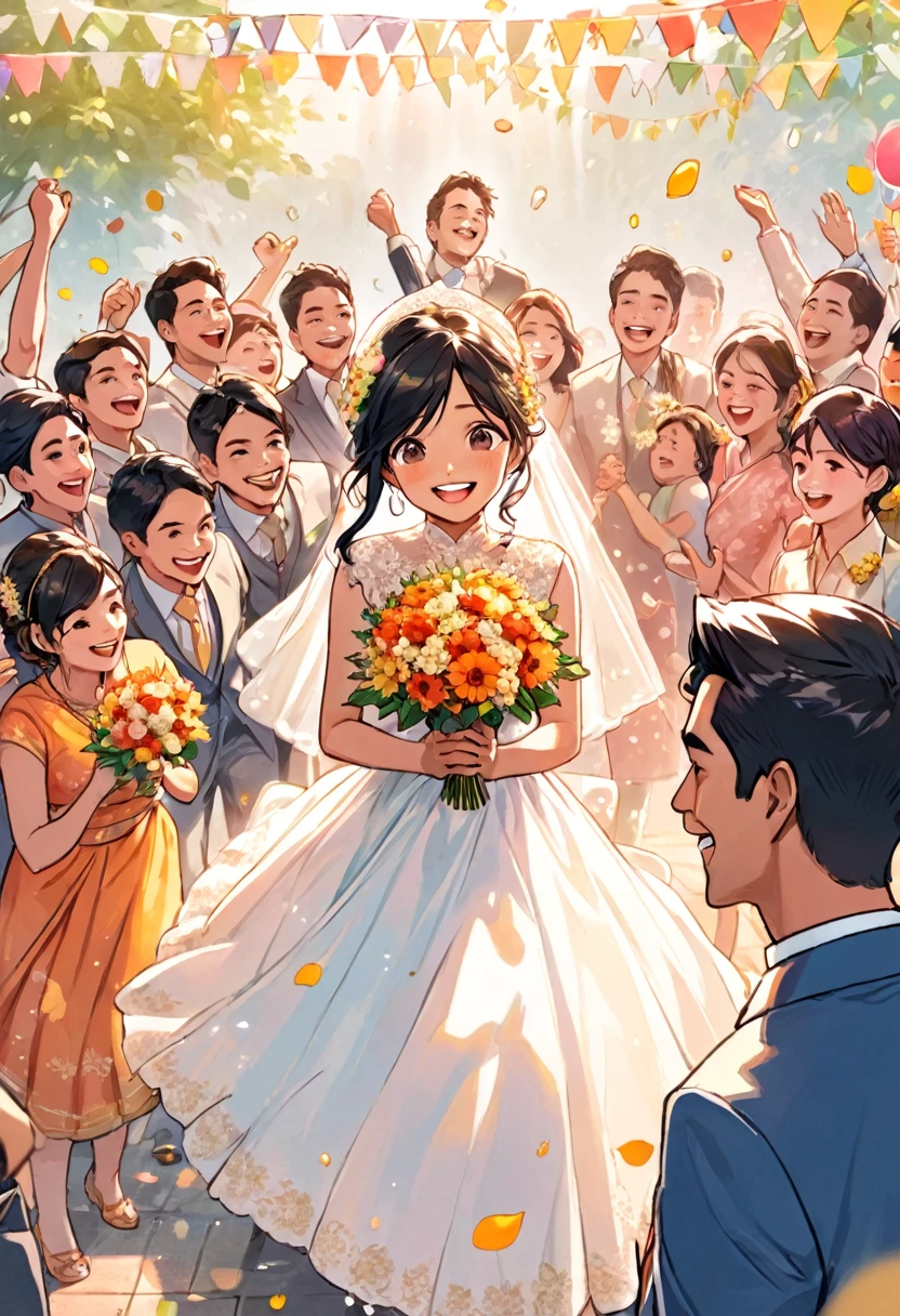 The Indian protagonist is in the position of someone celebrating at a wedding、Pop Comics、Celebrating with a flower shower、About 10 people are celebrating.、All smiles、The groom is cool, stylish and dandy、The bride is pretty、The subjective view of the person celebrating