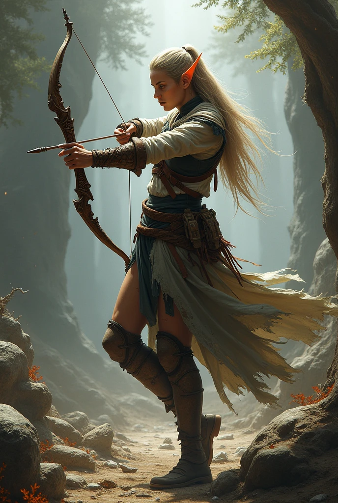 A female elf warrior aiming a bow and her clothes half torn from battle