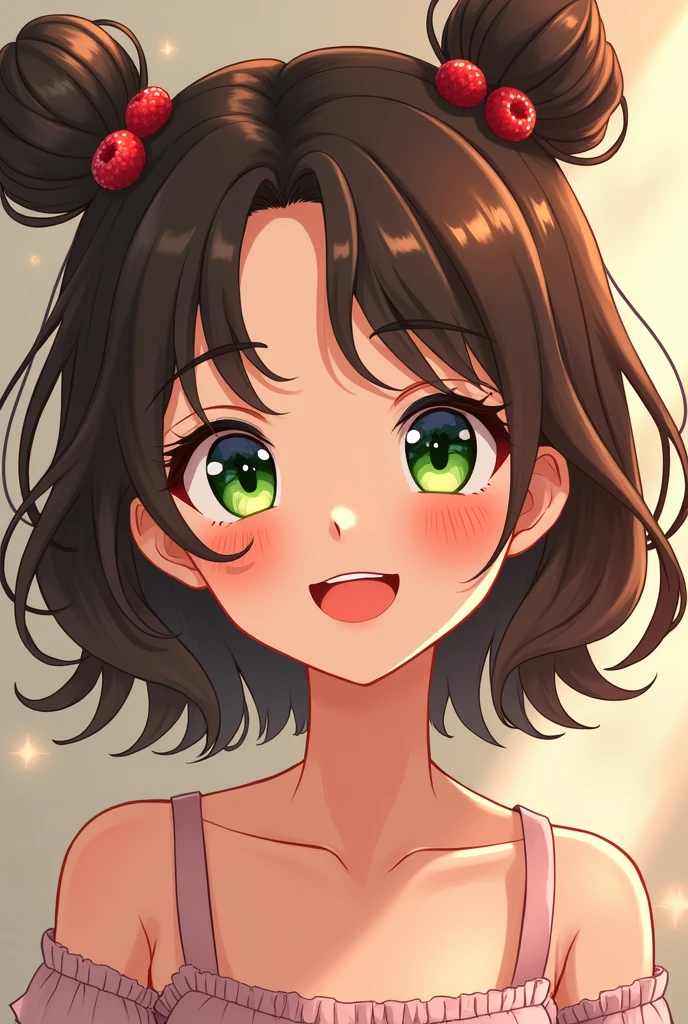 Une femme brune légèrement teint bronzé de l’été avec les yeux verts et qui aime les cerises avec les cheveux plus ondulés et bruns reflets roux version dessin animés les cheveux très bouclés
