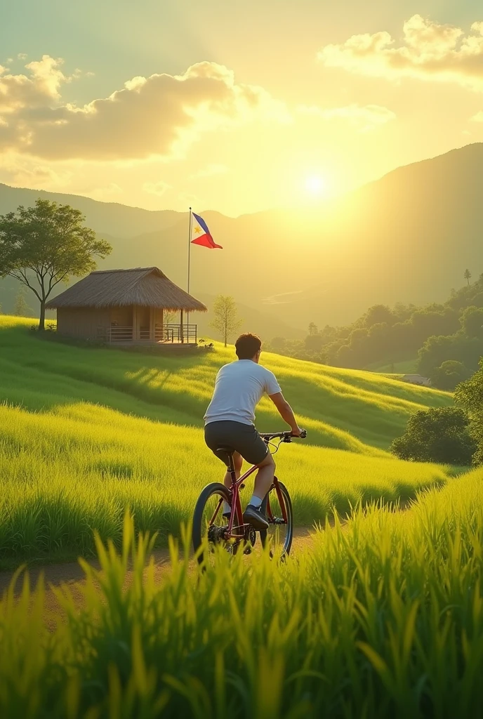 Grass field man biking sun shining phillipines flag bahay kubo hardin
