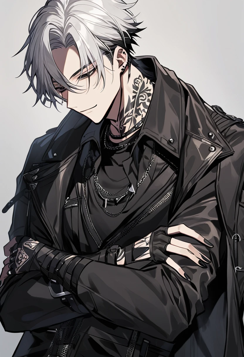 A man with short, messy white hair, black bangs, black eyes, tired look and dark circles, soft smiling, casual clothes with stylish black coat, tattoo on the neck and arms, Fingerless leather gloves, black painted fingernails.