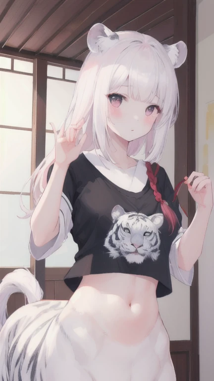 (best quality, masterpiece), 1 girl, centaur, I beg, White skin, Japanese girl,daught pink, exposing the abdomen, belly button t-shirt , beautiful girl perfect, White tiger photo, 완벽한 White tiger photo