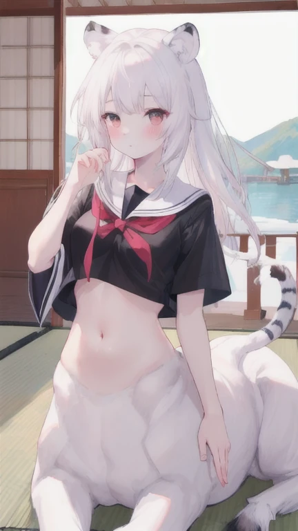 (best quality, masterpiece), 1 girl, centaur, I beg, White skin, Japanese schoolgirl,daughter,black pink, exposing the abdomen, belly button t-shirt , beautiful girl perfect, White tiger photo, 완벽한 White tiger photo