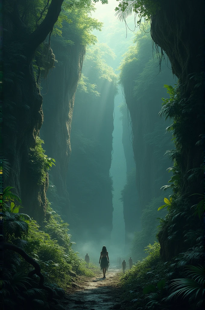 "A deep, foreboding chasm in the jungle with eerie sounds echoing, surrounded by dense foliage and shadowy figures."