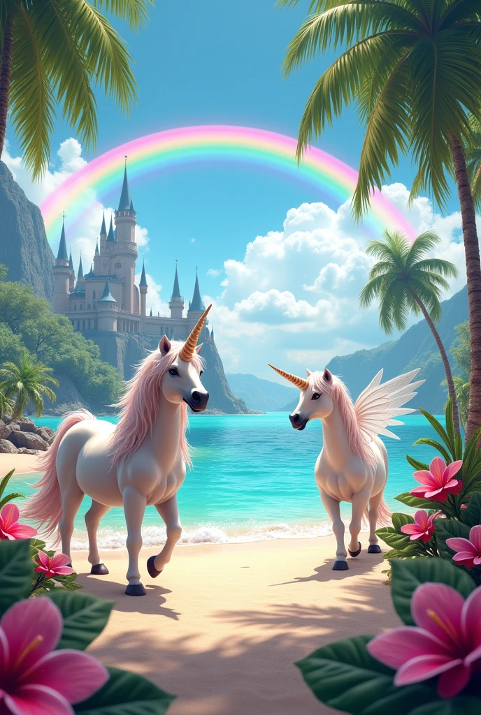 Unicorns in a beach paradise with flowers, rainbow, a castle and fairies