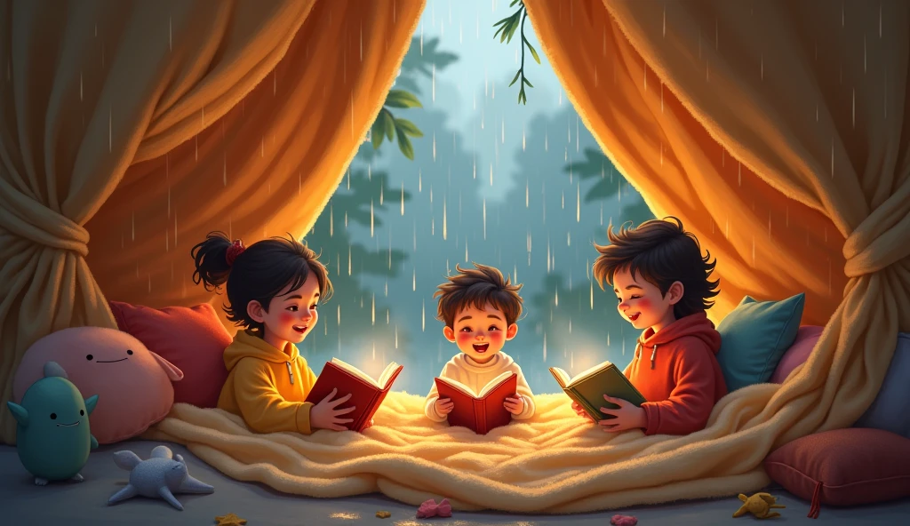 Inside, we build a cozy fort,
With blankets soft and pillows short.
We read aloud, a favorite tale,
And laugh and play, without a fail : animated ( rainy day) 